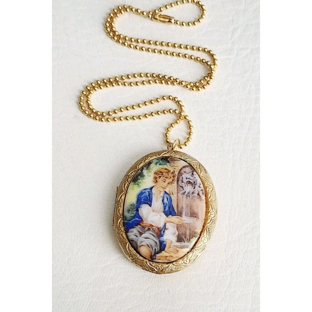 Vintage Gold Tone Oval Locket Fountain Boy Painted Portrait Ornate Pendant